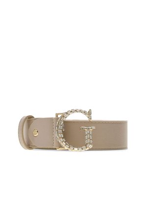 Ceinture en cuir beige avec une boucle dorée en forme de lettre G, décorée de petits cristaux rectangulaires.