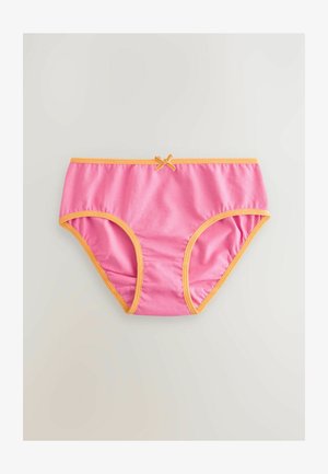 Rózsaszín pamut bugyi kontrasztos sárga elasztikus díszítéssel. Középen kicsi masni részlet található, sima, rugalmas textúrával.