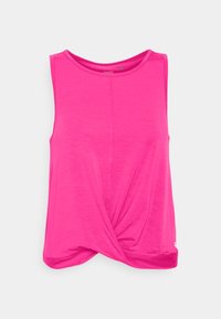 Vaaleanpunainen ilman hihoja oleva toppi, jossa on pyöreä pääntie ja edessä kierretyt solkikohta hemmin kohdalla.