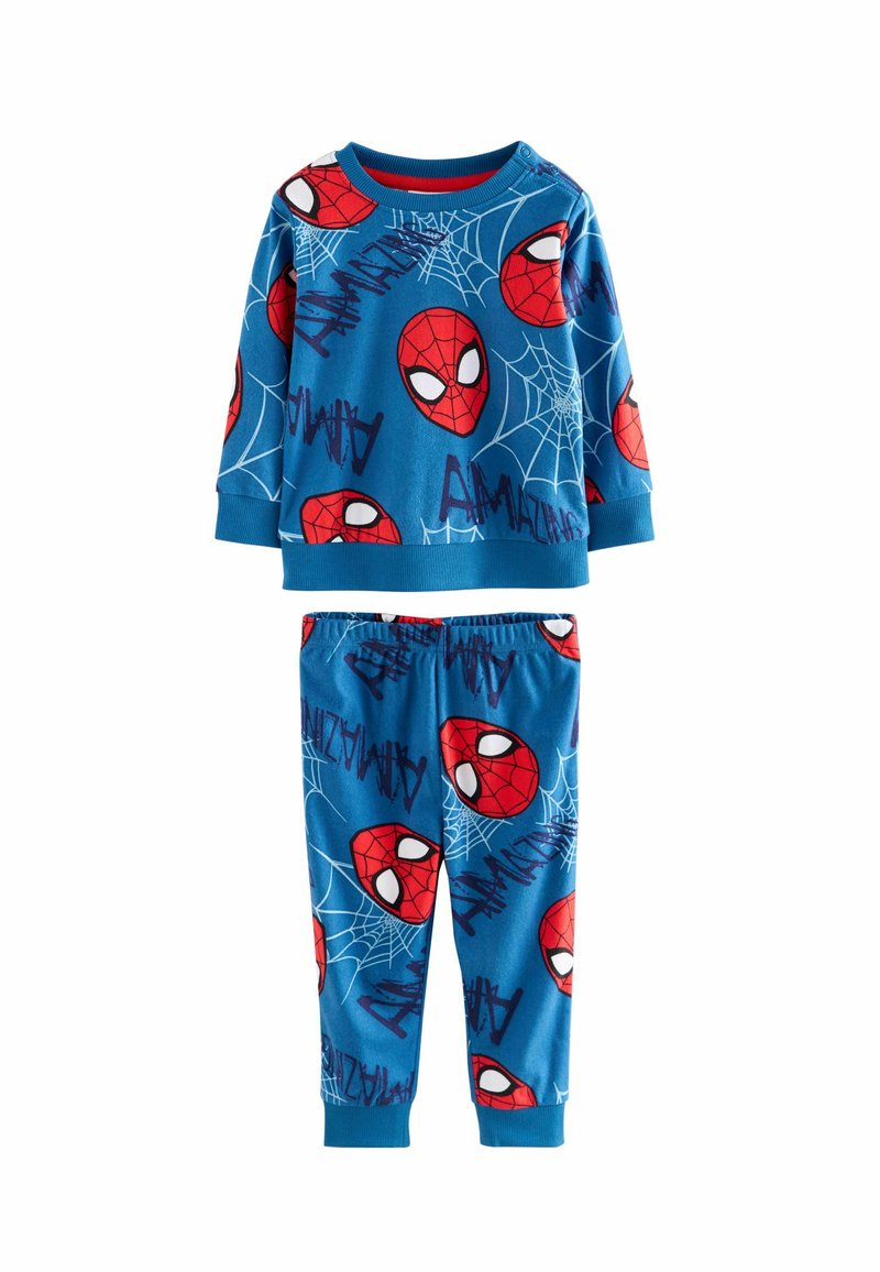 Modrý pyžamový set s dlhým rukávom a nohavicami, obidva so zelenými tvárami Spider-Mana a vzorom s pavučinou, vyrobené z mäkkej, elastickej látky.