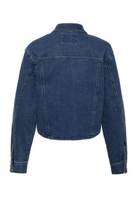 Veste en denim bleu foncé vue de dos avec manches longues, un col et des détails de couture visibles.