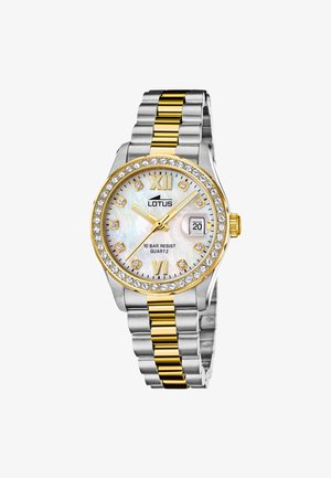 Montre Lotus bicolore argent et or avec lunette sertie de cristaux, cadran en nacre, chiffres romains et affichage de la date à 3 heures.