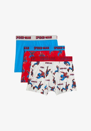 Drei Paare Kinder-Boxershorts: blau, rot und grau. Jede hat Spider-Man-Prints und einen elastischen Bund mit der Aufschrift "SPIDER-MAN."