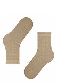 Beige Socken mit einem strukturierten Muster aus kleinen Löchern, einem gerippten Bündchen und einer glatten Oberfläche, konzipiert für Komfort und Atmungsaktivität.