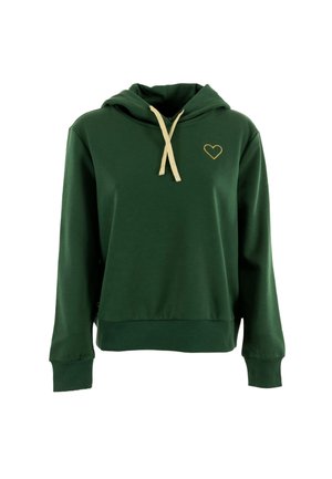 Felpa verde con cappuccio caratterizzata da un ricamo a forma di cuore dorato sul petto e lacci dorati a contrasto, con polsini e orlo a costine.