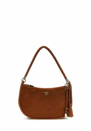 Borsa a tracolla in camoscio marrone con manico intrecciato, chiusura a cerniera, dettagli con nappine e piccolo logo triangolare sul davanti.