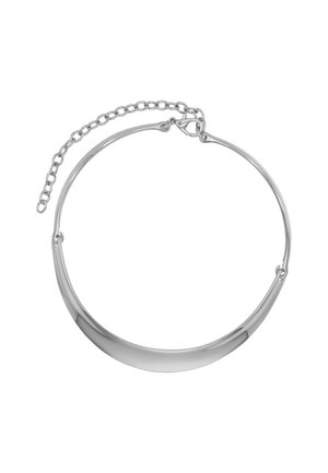 Collier ras de cou en argent avec un design lisse et courbé. Comprend une chaîne prolongatrice pour un ajustement de longueur. Finitions polies.