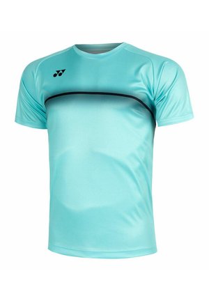 Lichtblauw atletisch shirt met korte mouwen, voorzien van een zwart logo op de bovenste linkerborst en een dunne zwarte horizontale streep over de borst.