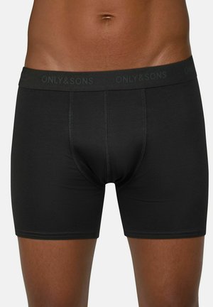 Black cotton boxer briefs with a fitted design and elastic waistband featuring the brand name "ONLY&SONS" in a subtle pattern.