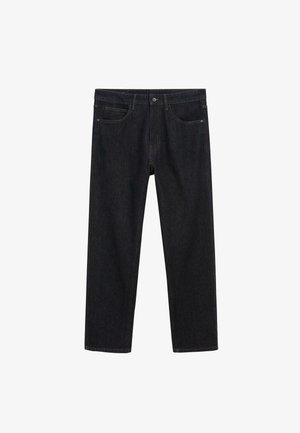 Mørke denim jeans med lige pasform, der har almindelige lommer, knaplukning og diskrete sømdetaljer.