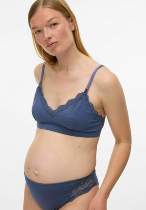 Reggiseno per maternità in cotone misto blu scuro con pizzo. Dotato di scollatura a V, spalline regolabili e una vestibilità morbida e confortevole.