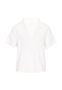 Weiße Baumwollmischung Bluse mit kurzen Ärmeln, versehen mit einem kragen V-Ausschnitt und wellenförmigem Spitzenbesatz an den Ärmeln. Lockerer Schnitt und luftige Textur.