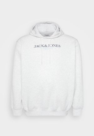 Light grey hooded sweatshirt with drawstrings and "JACK & JONES" printed across the chest in dark and light blue text.
