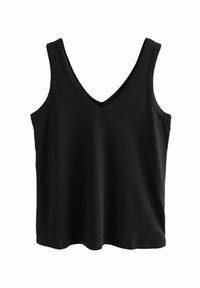 Zwarte mouwloze top met een diepe V-hals, gemaakt van zachte stof. Heeft een rechte zoom en een comfortabele pasvorm, ideaal voor casual wear.