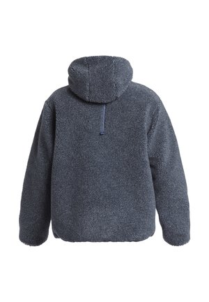 Fleece pulóver v tmavosivej farbe s vysokým golierom. Obsahuje mäkký, textúrovaný povrch a štvrť-zip uzáver na zadnej strane.