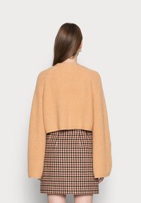 Sweter z dzianiny, krótki w miękkim odcieniu brzoskwini, z rękawami raglanowymi, w połączeniu z plisowaną spódnicą w brązowo-kremowe wzory. Gładka tekstura.