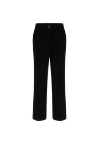 Czarne dopasowane spodnie o prostym kroju, z zapięciem na guzik i szlufkami na pasek. Wykonane z gładkiego materiału o matowym wykończeniu.