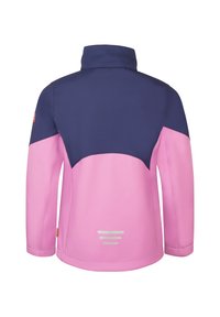 Light pink and navy jacket with a high collar, featuring a color-block design and reflective accents on the back. Smooth texture.