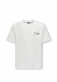 Hvid bomulds T-shirt, rund hals, korte ærmer, prydet med "Oregon" tekstlogo i mørk farve på venstre brystområde. Glat tekstur.