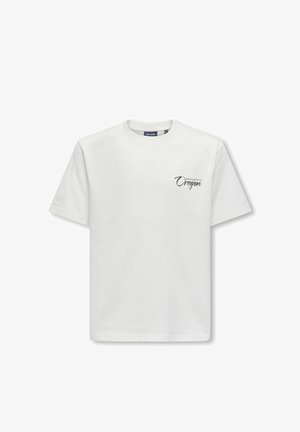 Hvid bomulds T-shirt, rund hals, korte ærmer, prydet med "Oregon" tekstlogo i mørk farve på venstre brystområde. Glat tekstur.