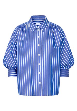 Blauwe blouse met witte verticale strepen, opgepofte driekwartmouwen, knoopsluiting aan de voorkant en een puntige kraag.