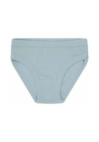 Mutande per bambini in cotone azzurro chiaro con cintura elastica e bordi cuciti. Presenta una texture liscia e una forma classica.