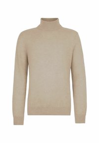 Beige Langarmrollkragenpullover mit gerippten Bündchen und Saum, vor einem weißen Hintergrund präsentiert.