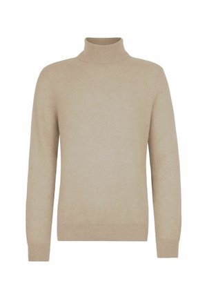 Beige långärmad polo tröja med ribbade mudd och nederkant, uppvisad mot en vit bakgrund.