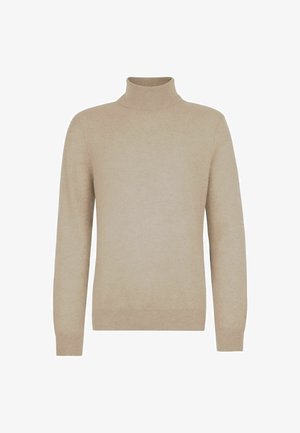 Beige langærmet turtleneck sweater med ribbede manchetter og kant, præsenteret mod en hvid baggrund.