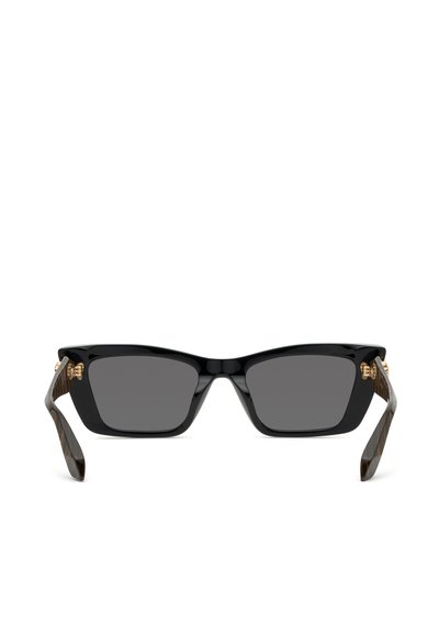 Black rectangular sunglasses with dark lenses and thick glossy frames, featuring gold hinge details and patterned temple arms.