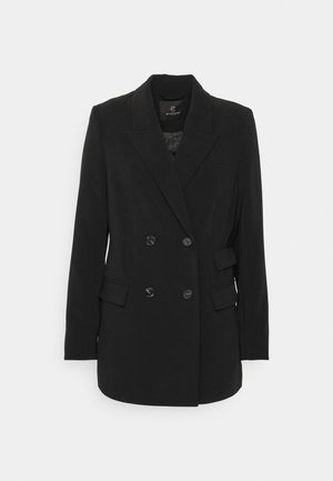 Svart dobbeltspent blazer laget av teksturert stoff, med slagkrage, to framlommer og seks knappelukkinger.