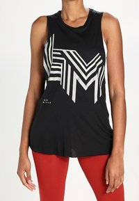 Black sleeveless tank top with a geometric white and neon graphic design. Soft fabric, loose fit, round neckline, and curved hem detail.