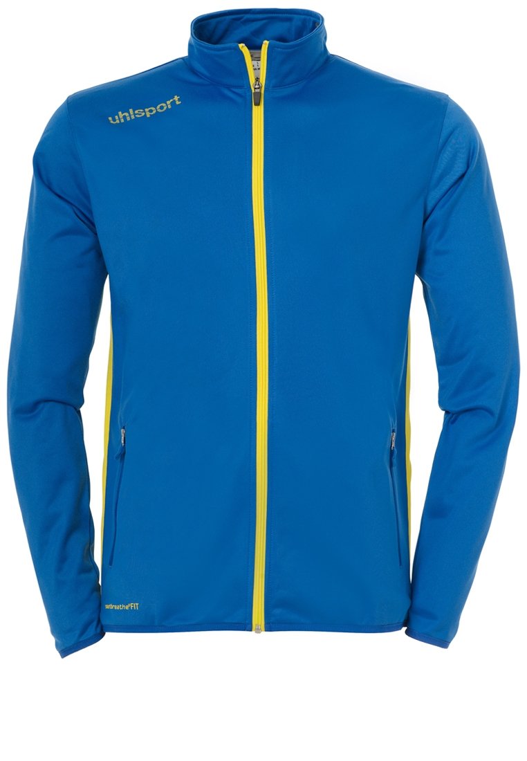 Blaue Jacke mit hohem Kragen, durchgehendem gelben Reißverschluss, Seitentaschen und gelbem Markenlogo auf der linken Brust. Glatte Textur.