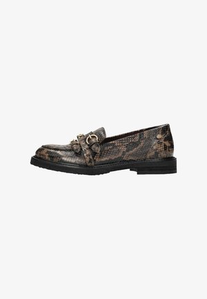 Loafer-style shoe in faux snakeskin with a textured brown and black pattern, featuring gold-tone buckle accents and a flat rubber sole.