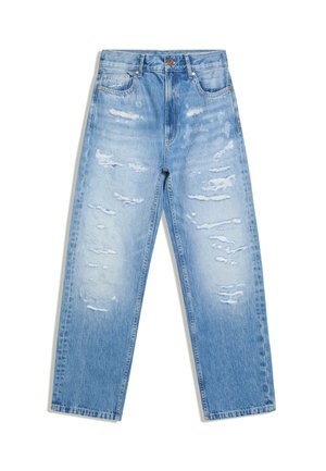 Jeans azzurri chiari a vita alta con gamba dritta e dettagli invecchiati sulle cosce e sulle ginocchia anteriori.