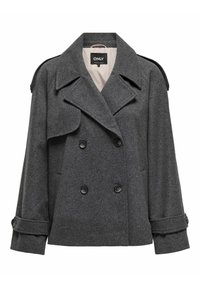 Manteau en laine gris à double boutonnage avec grands revers, poignets boutonnés et une poche intérieure cachée. Doublure intérieure lisse, coupe ajustée.
