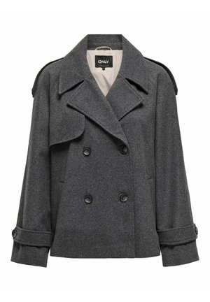 Gray double-breasted wool coat featuring large lapels, buttoned cuffs, and a hidden inner pocket. Smooth interior lining, tailored fit.