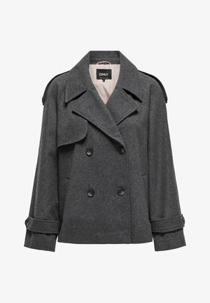 Gray double-breasted wool coat featuring large lapels, buttoned cuffs, and a hidden inner pocket. Smooth interior lining, tailored fit.