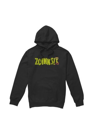 Black hooded sweatshirt with front pocket featuring the word "ZOINKS!" in yellow-green and a small cartoon character on the chest.