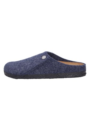 Navy blue felt slippers with a textured upper, slip-on design, and a black rubber sole. Features a decorative silver button on the side.