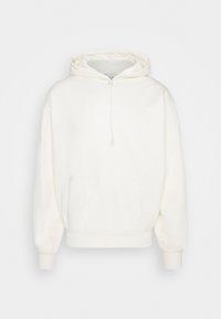Sudadera blanca de tejido suave, con un bolsillo frontal, capucha con cordón y logo blanco en el pecho. Diseño simple y casual.
