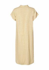 Beige linnklänning med korta ärmar, stående krage och rak silhuett, med en bakre söm och knälång design.