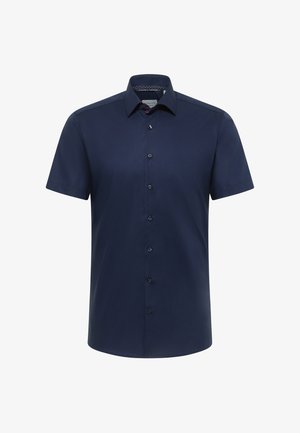Marineblauw overhemd met korte mouwen, knoopsluiting, een klassieke kraag en een slanke pasvorm.