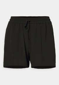 Černé šortky vyrobené z měkké, lehké látky, mají elastický pas se šňůrkou a boční kapsy pro pohodlí.