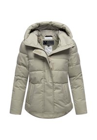Giacca imbottita in beige chiaro con cappuccio, zipper frontale e due tasche laterali. Tessuto liscio con pannelli cuciti per l'isolamento.