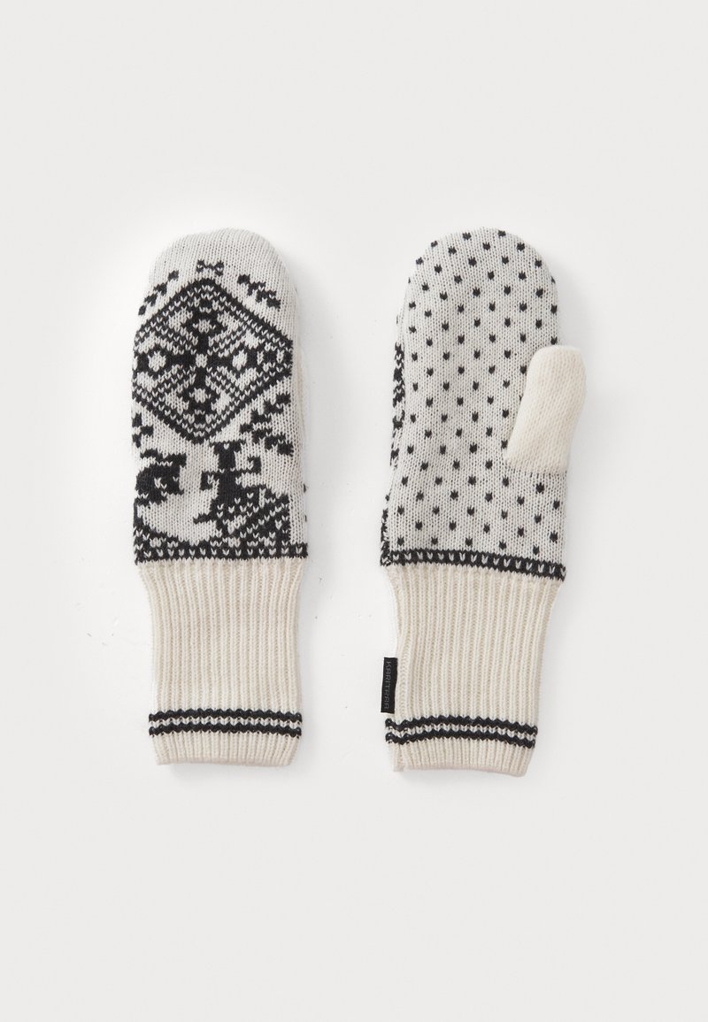 Gestrickte Handschuhe in Creme und Schwarz, mit einem geometrischen Muster und Punkten. Das gerippte Bündchen sorgt für einen engen Sitz. Aus weichem Wollmischmaterial.