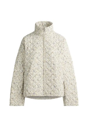 Giacca trapuntata bianca con collo alto e cerniera frontale completa, caratterizzata da un delicato motivo floreale in toni tenui.