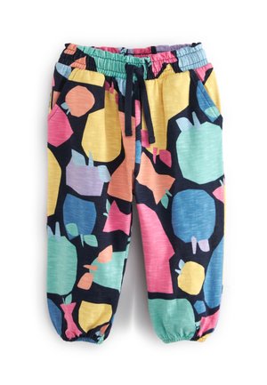 Kinder joggingbroek met elastische taille en kleurrijke abstracte fruitprint in geel, roze, blauw, groen en zwart, met vetersluiting en zakken.
