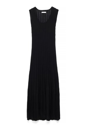 Čierne lemované maxi šaty bez rukávov s okrúhlym výstrihom a priamym strihom, zobrazené na bielom pozadí.