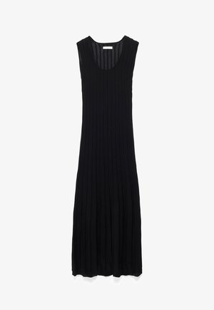 Sleeveless black ribbed knit maxi dress with scoop neckline and straight silhouette, displayed on a white background.
